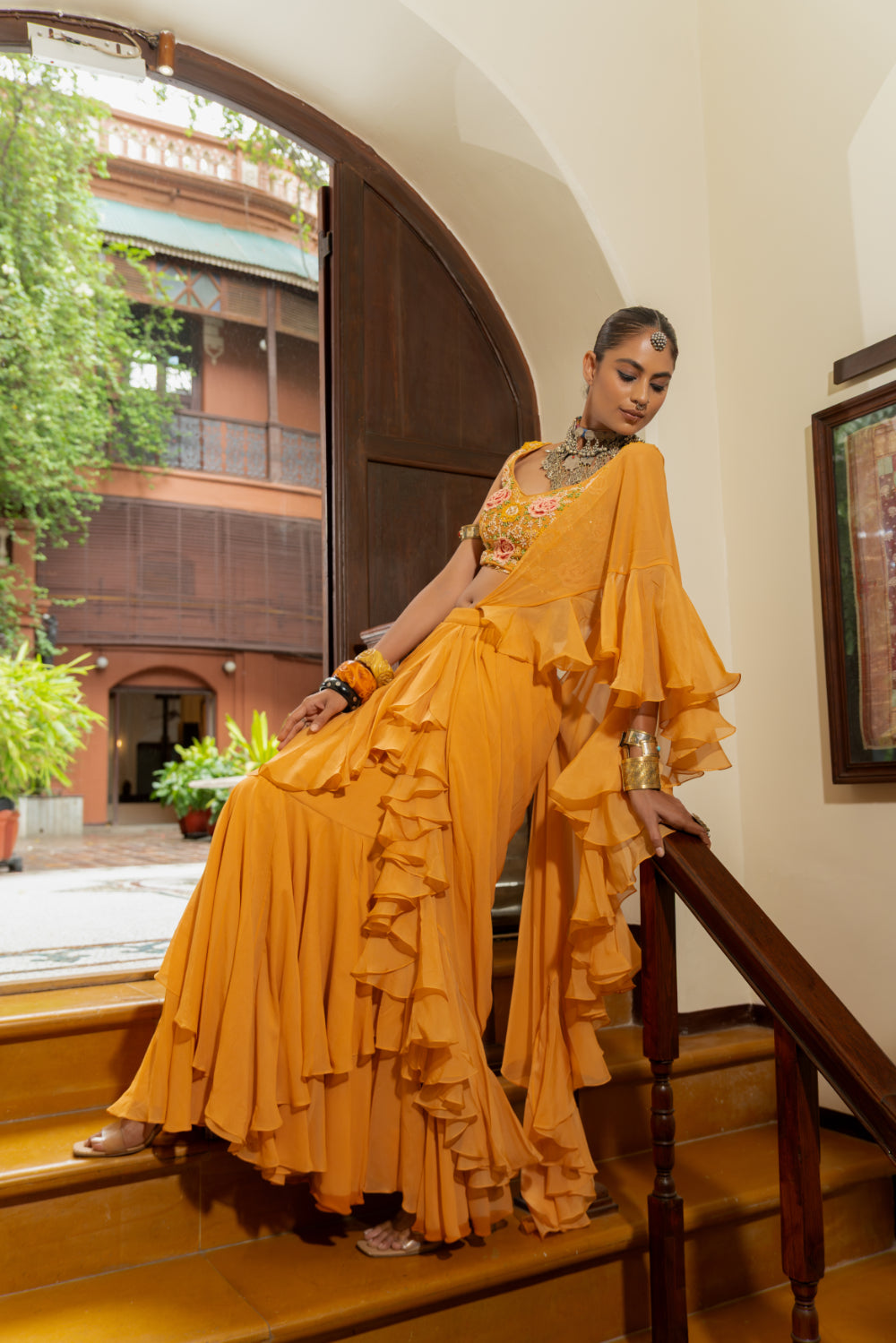 Orange Georgette Draped Ruffle Saree Set (SS-428)