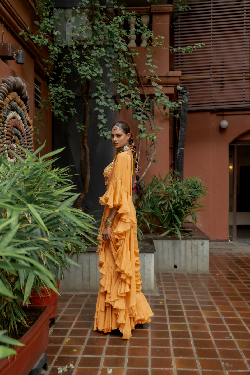 Orange Georgette Draped Ruffle Saree Set (SS-428)