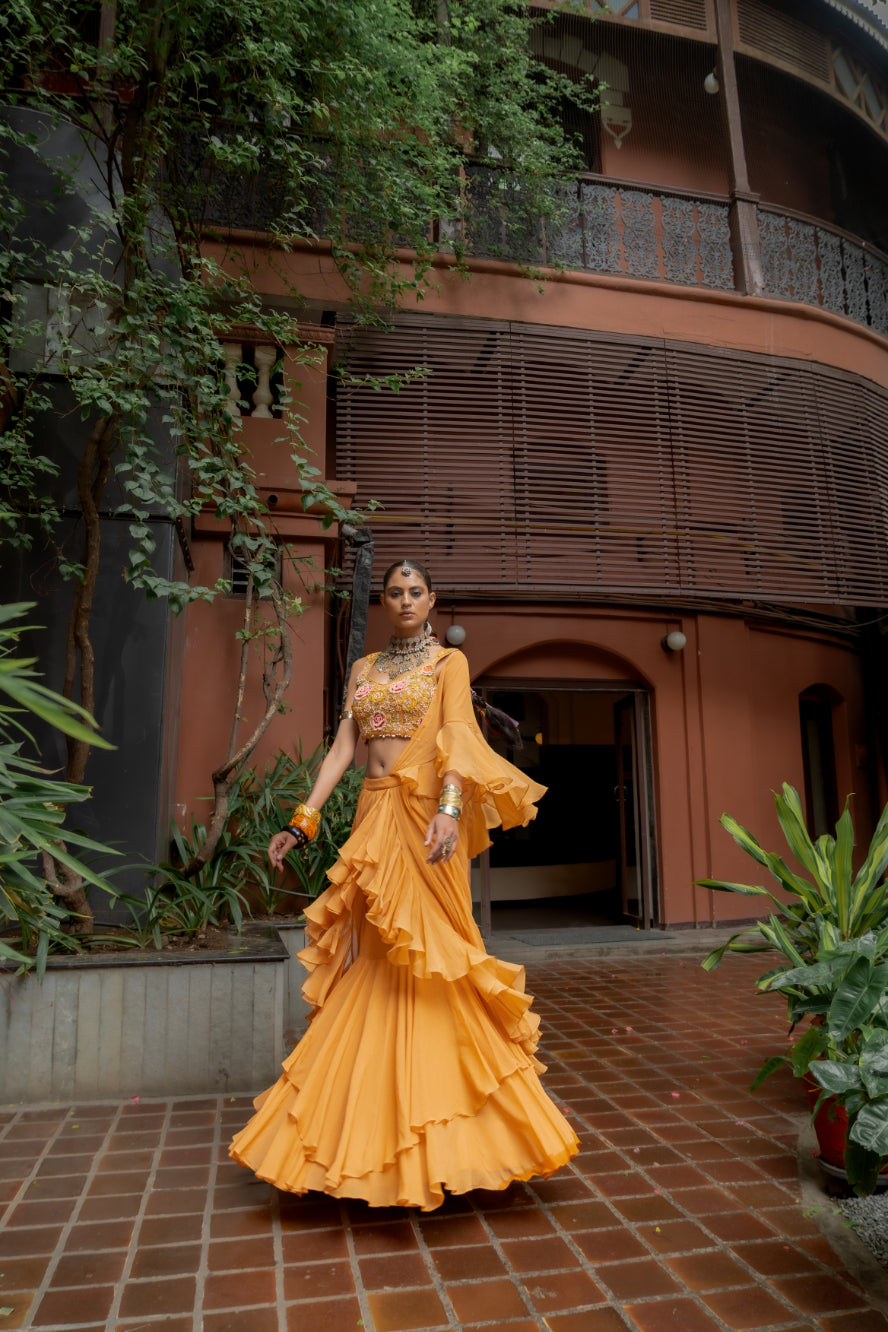 Orange Georgette Draped Ruffle Saree Set (SS-428)