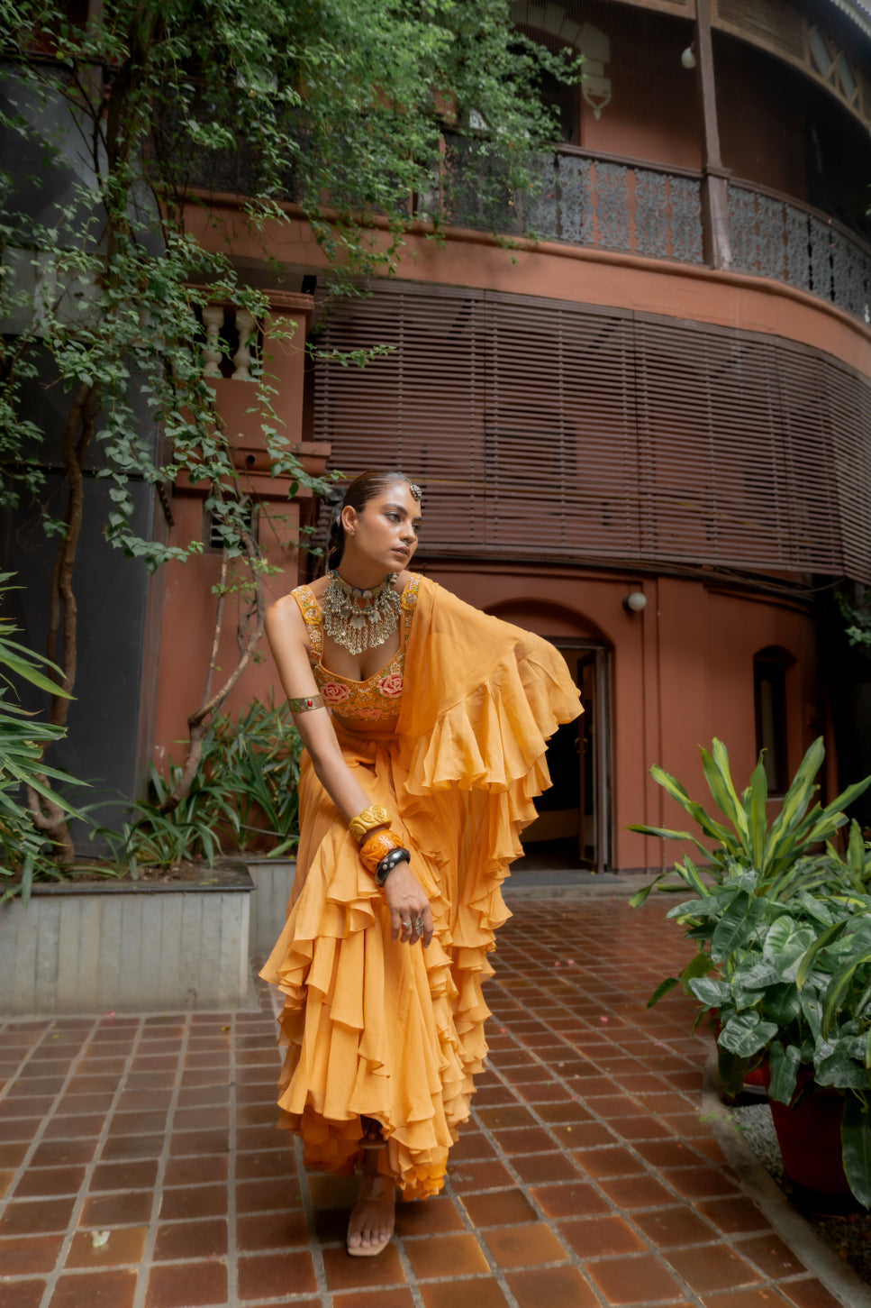 Orange Georgette Draped Ruffle Saree Set (SS-428)