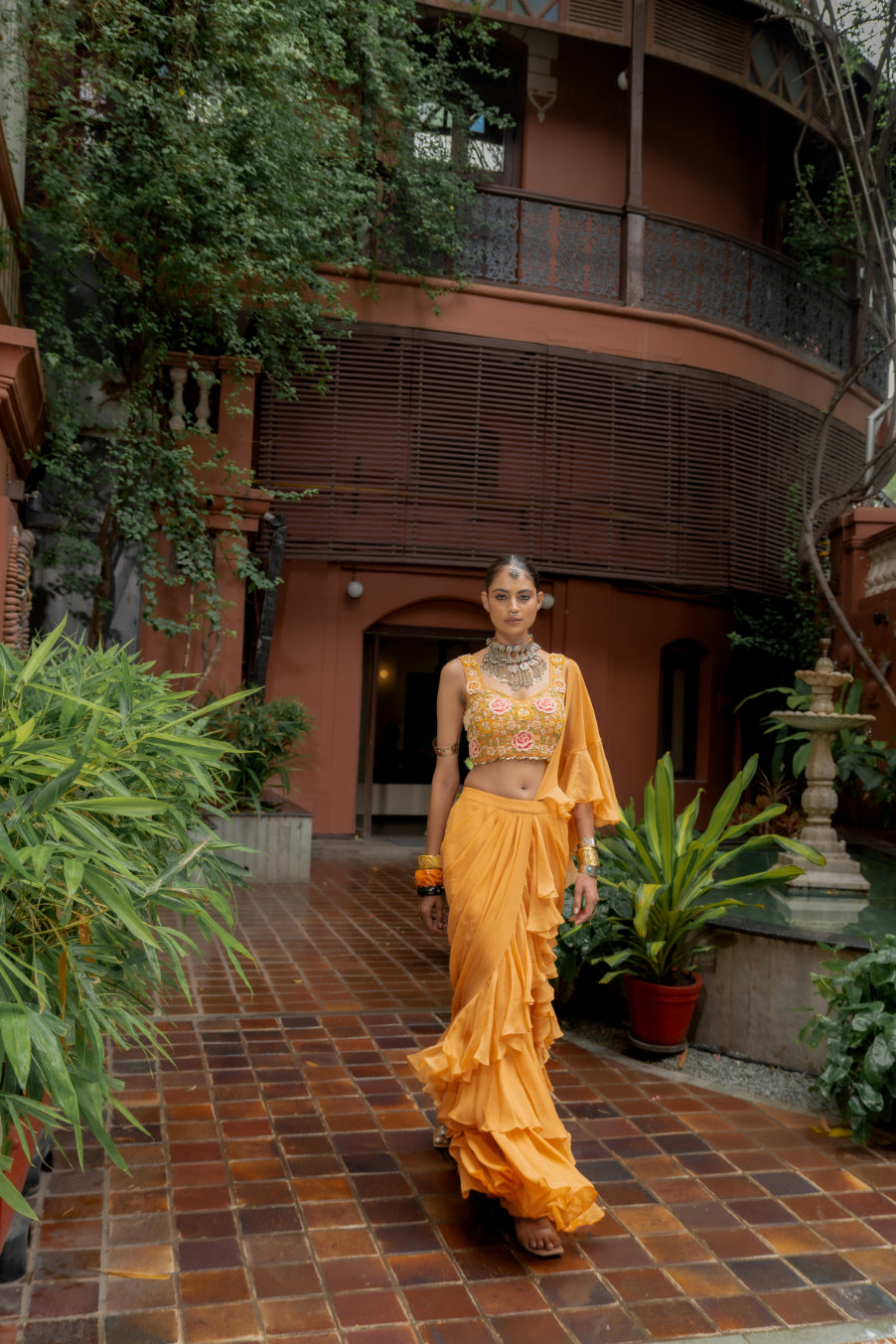 Orange Georgette Draped Ruffle Saree Set (SS-428)
