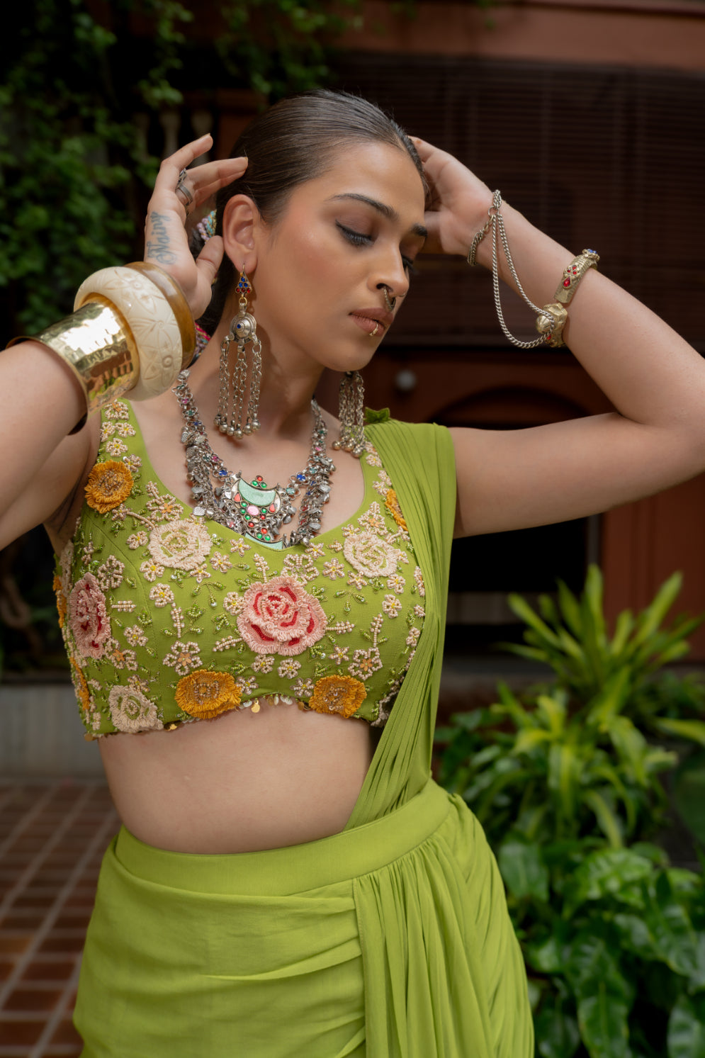 Green Georgette Draped Saree Set (SS-427)