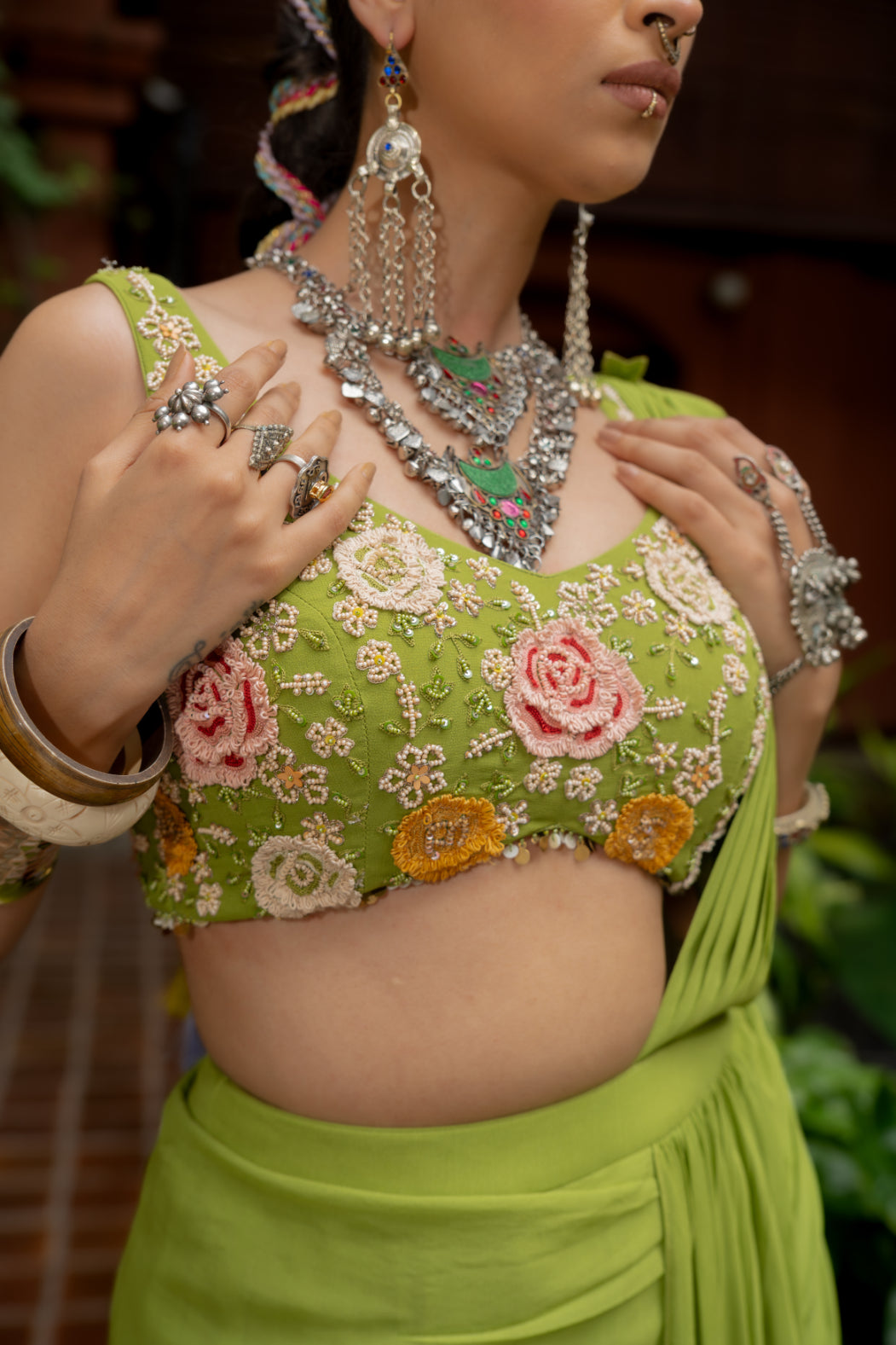 Green Georgette Draped Saree Set (SS-427)