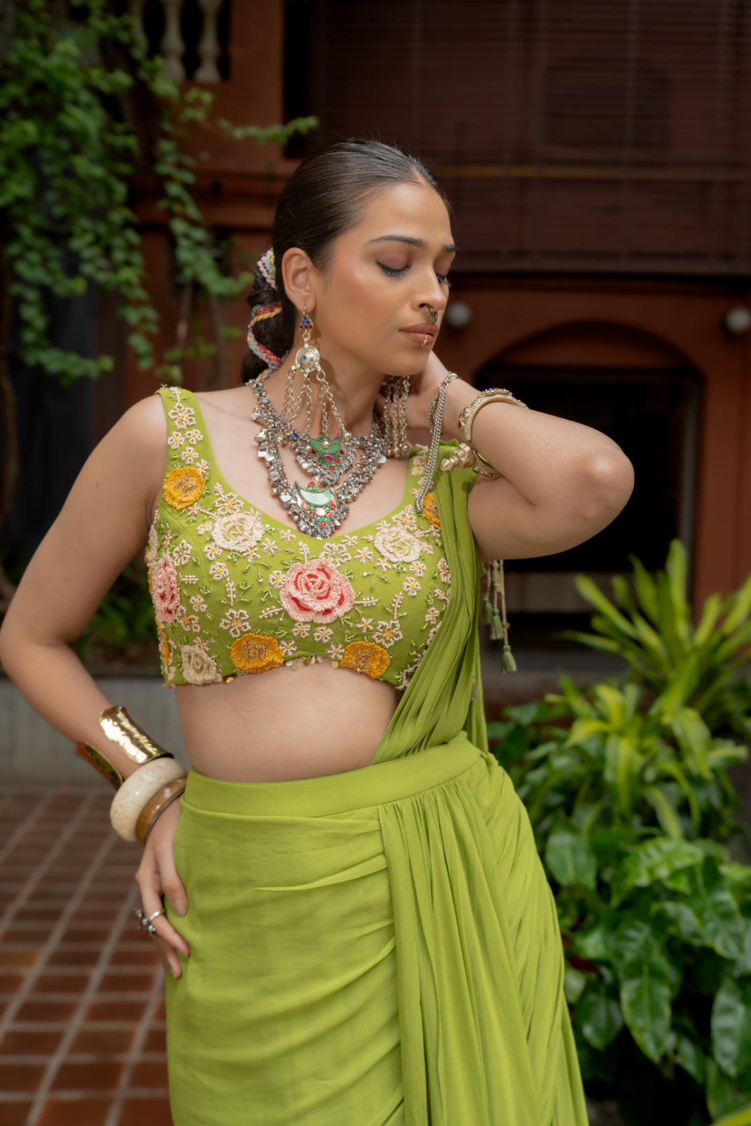 Green Georgette Draped Saree Set (SS-427)