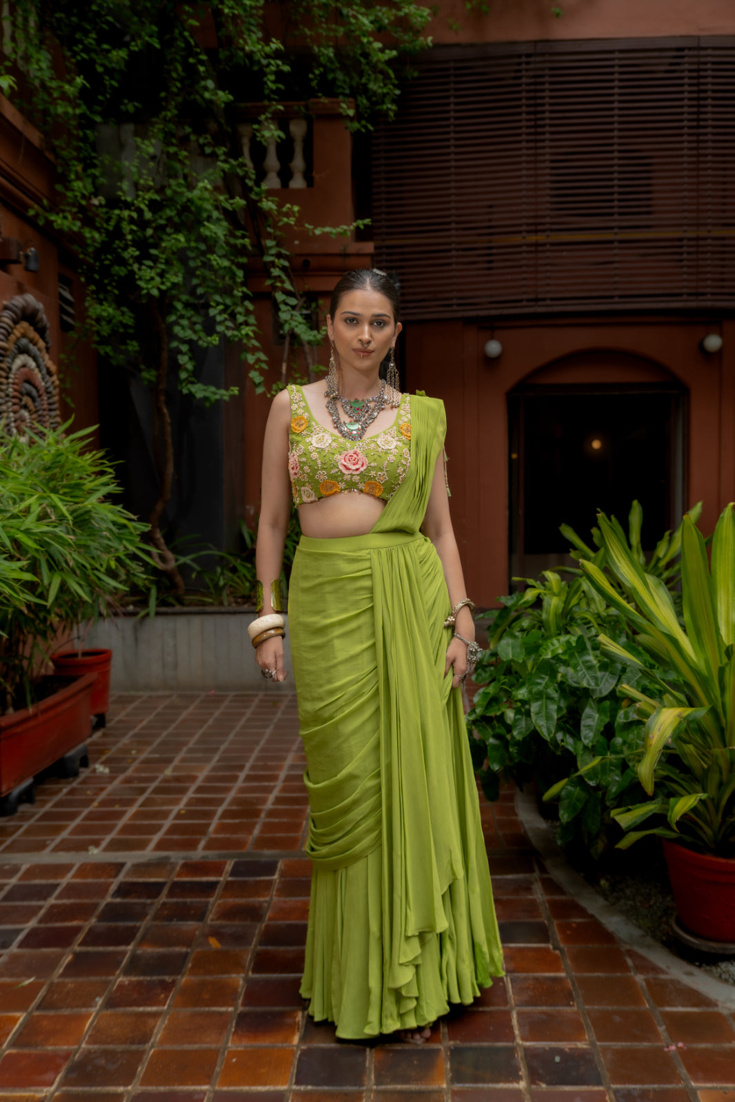Green Georgette Draped Saree Set (SS-427)