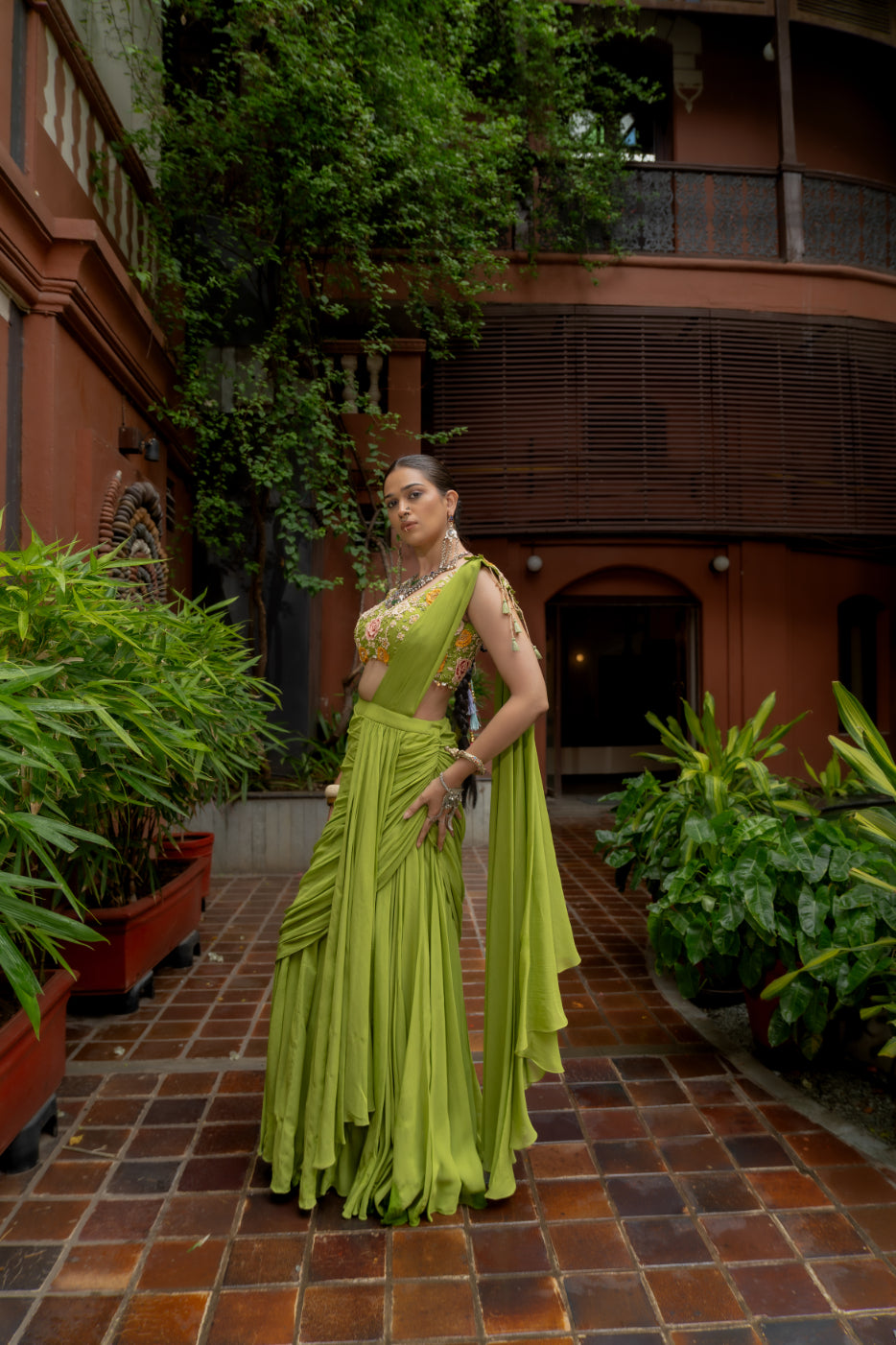 Green Georgette Draped Saree Set (SS-427)