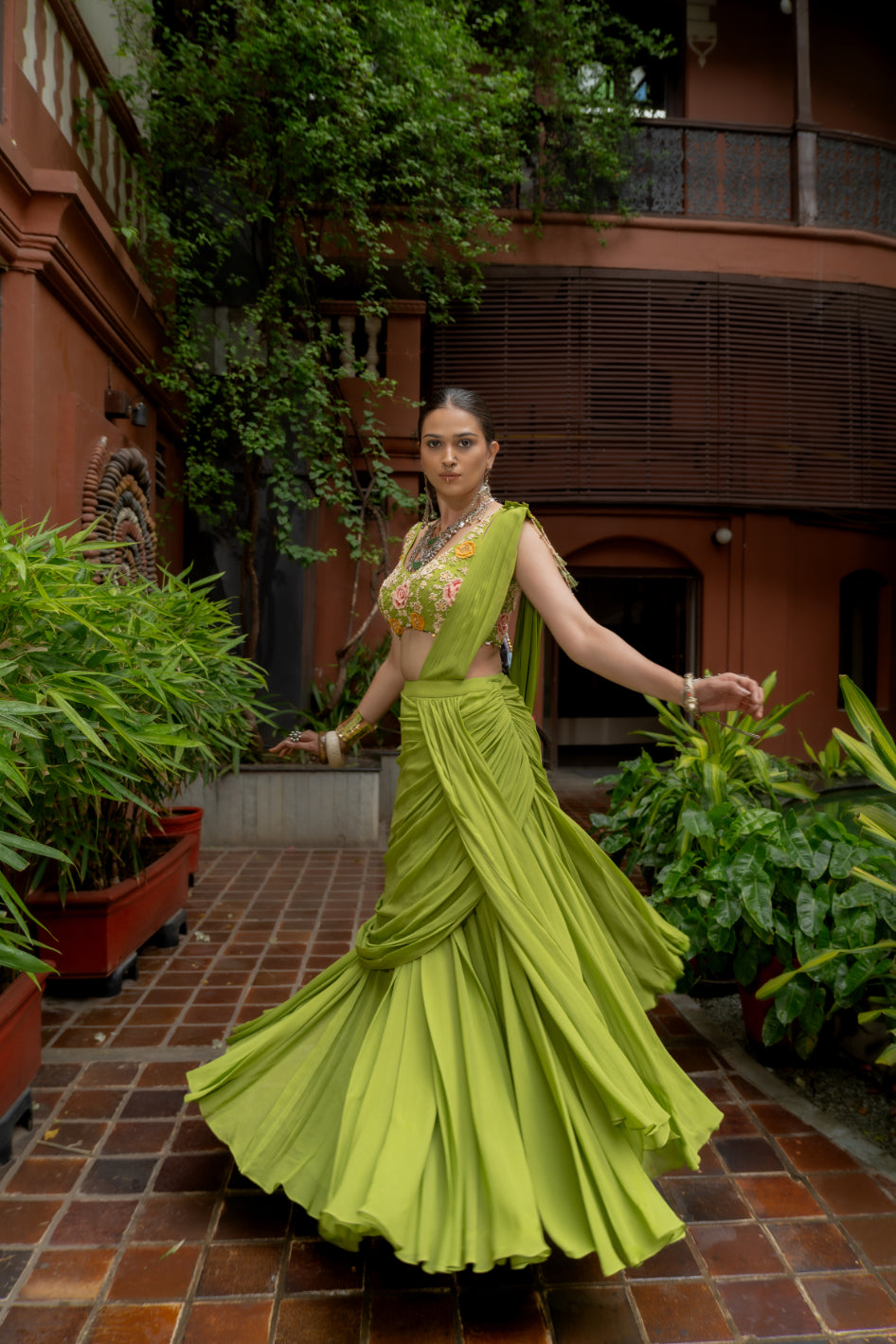 Green Georgette Draped Saree Set (SS-427)