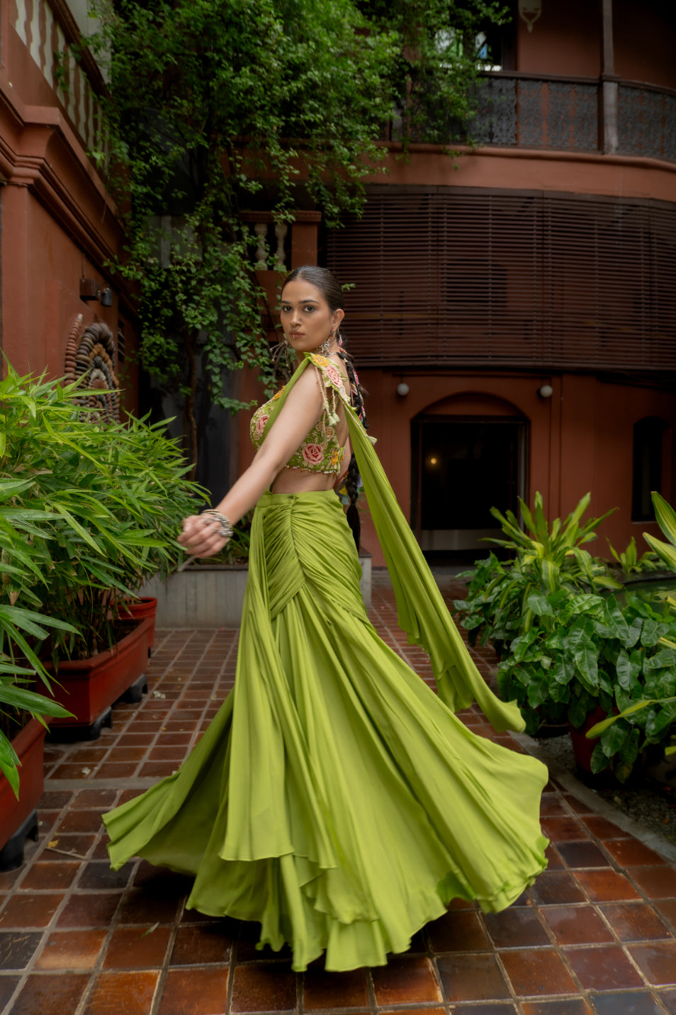Green Georgette Draped Saree Set (SS-427)