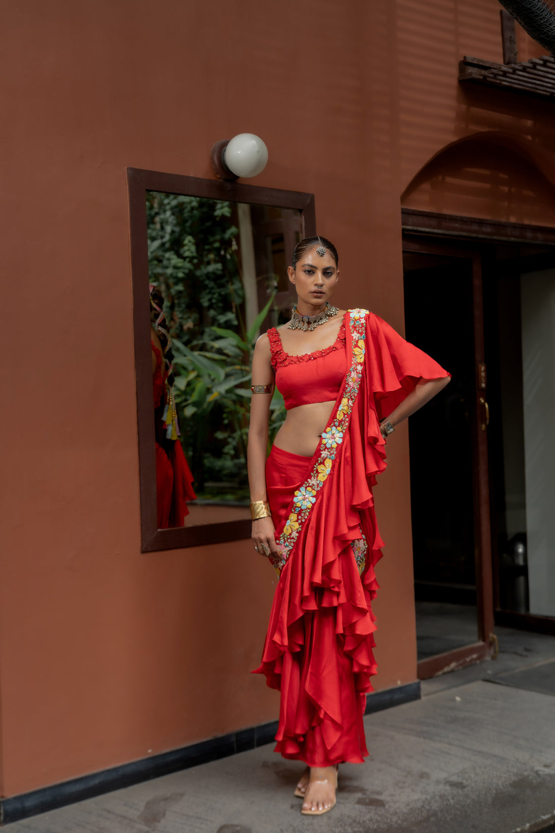 Red Organza Satin Draped Saree Set (SS-425)