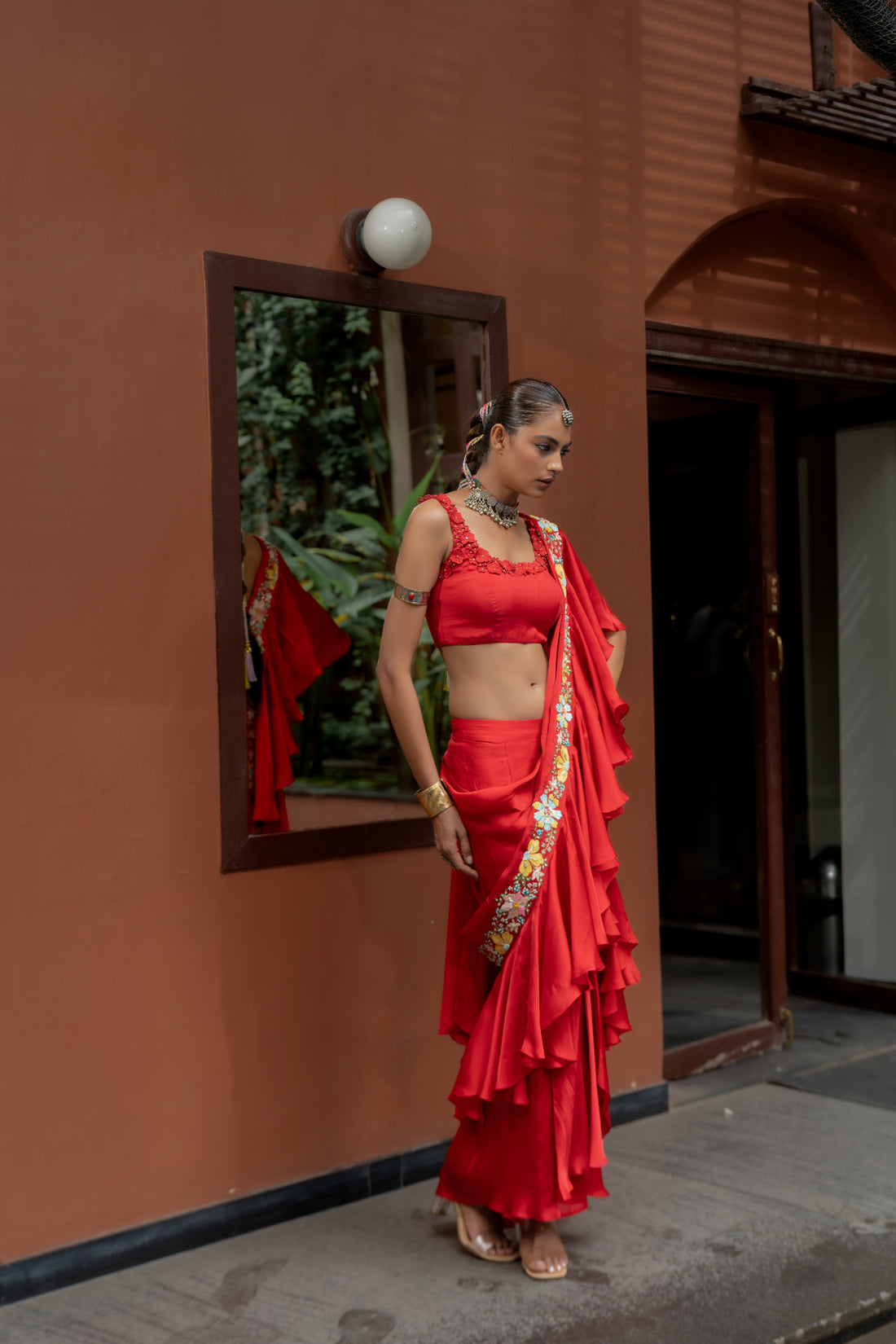 Red Organza Satin Draped Saree Set (SS-425)