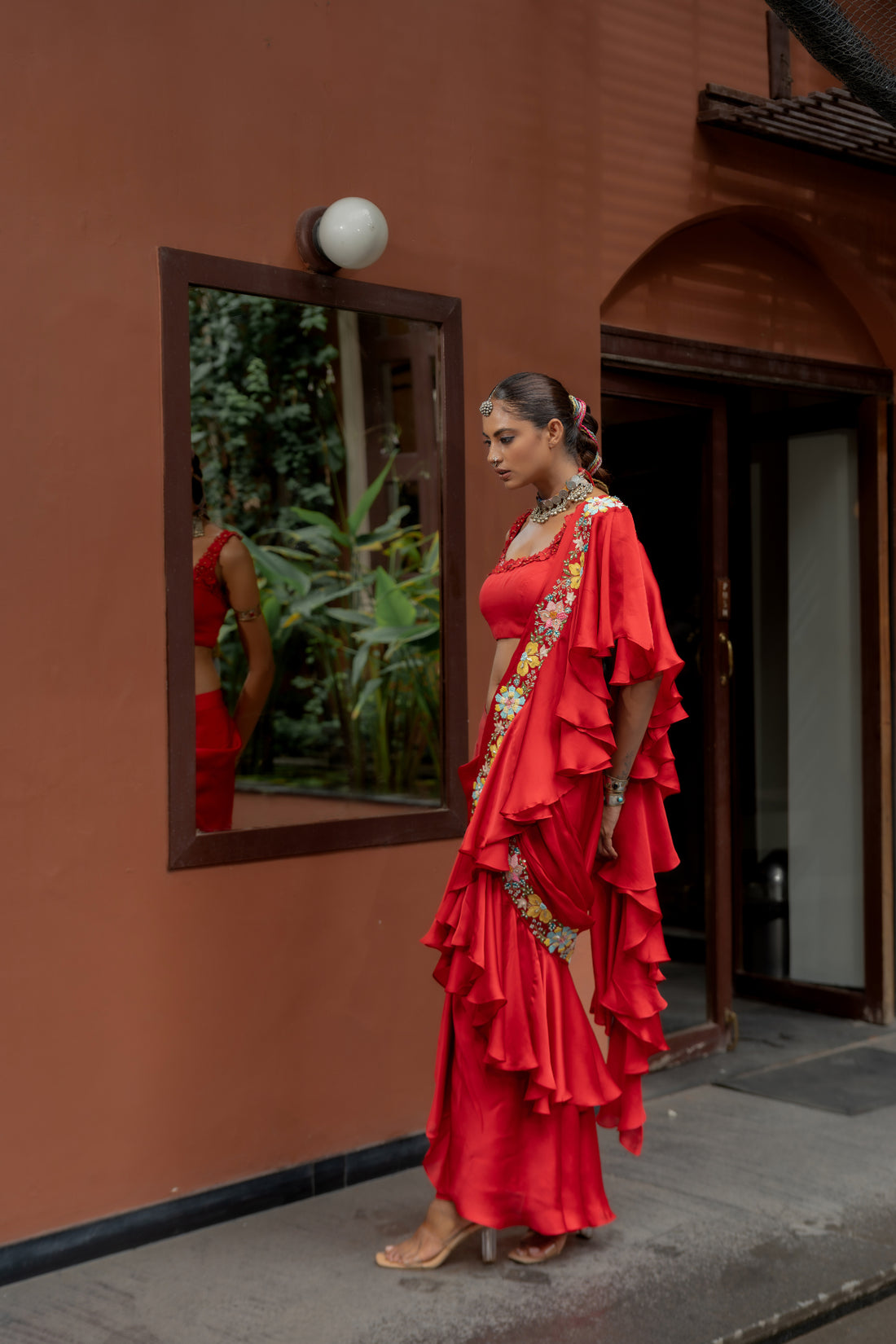 Red Organza Satin Draped Saree Set (SS-425)