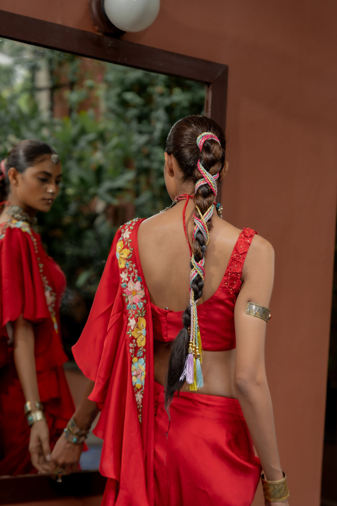 Red Organza Satin Draped Saree Set (SS-425)