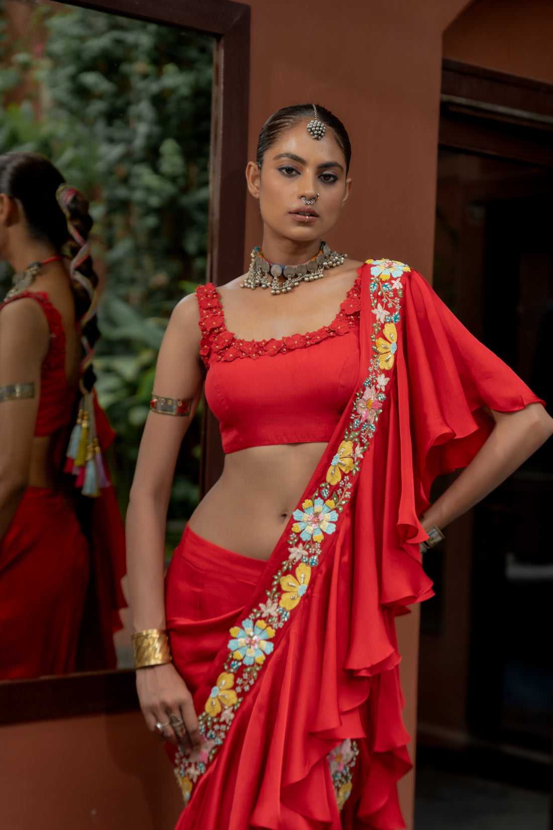 Red Organza Satin Draped Saree Set (SS-425)