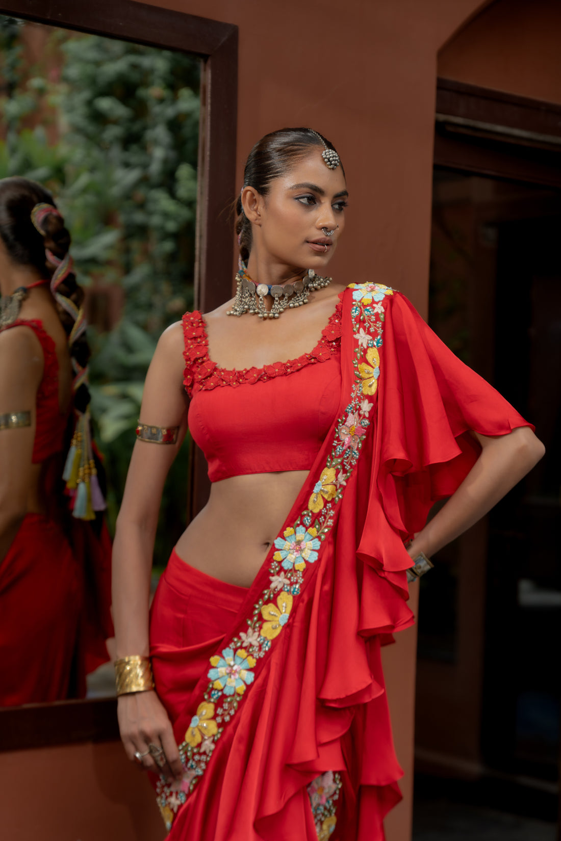 Red Organza Satin Draped Saree Set (SS-425)