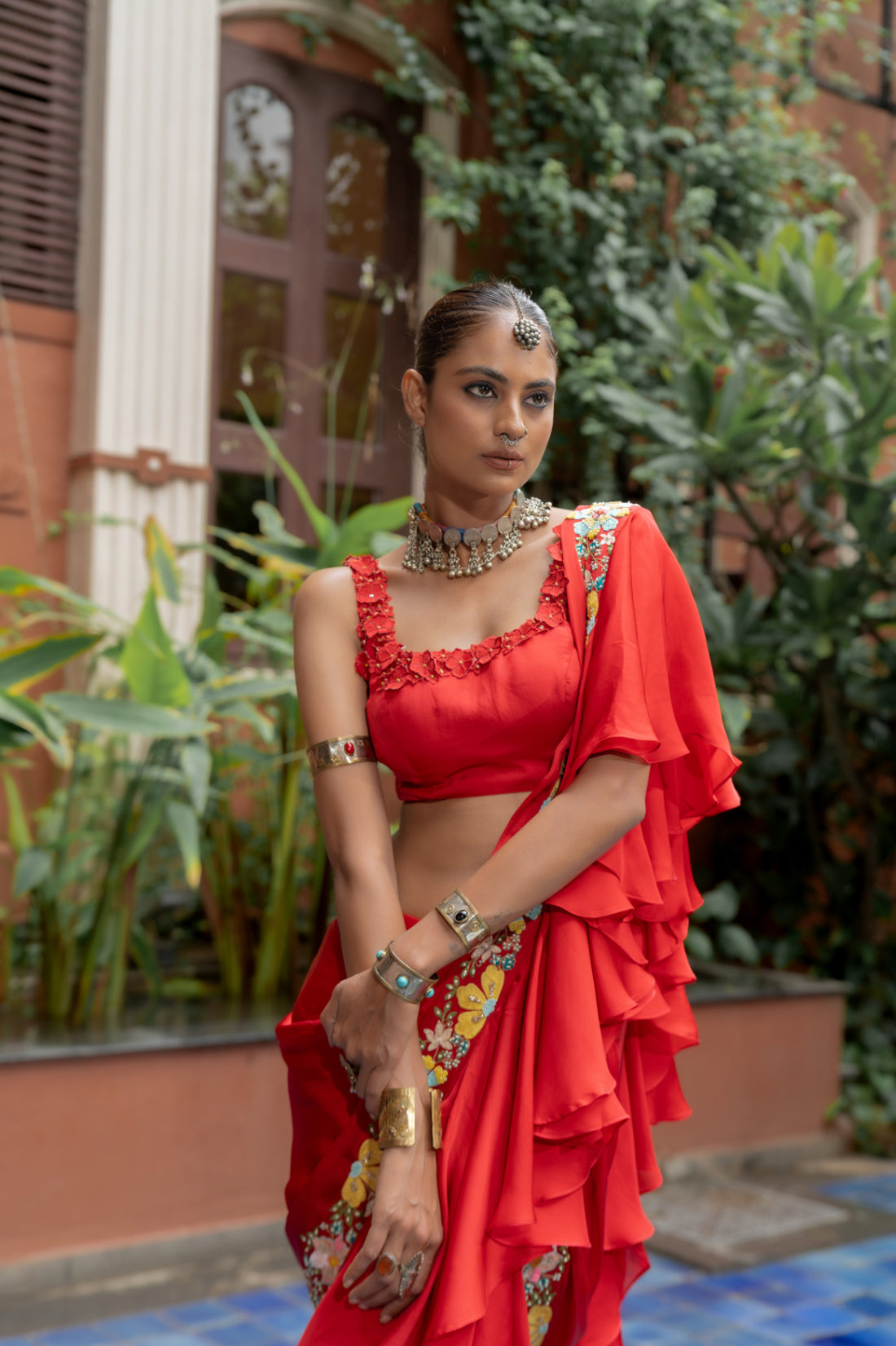 Red Organza Satin Draped Saree Set (SS-425)