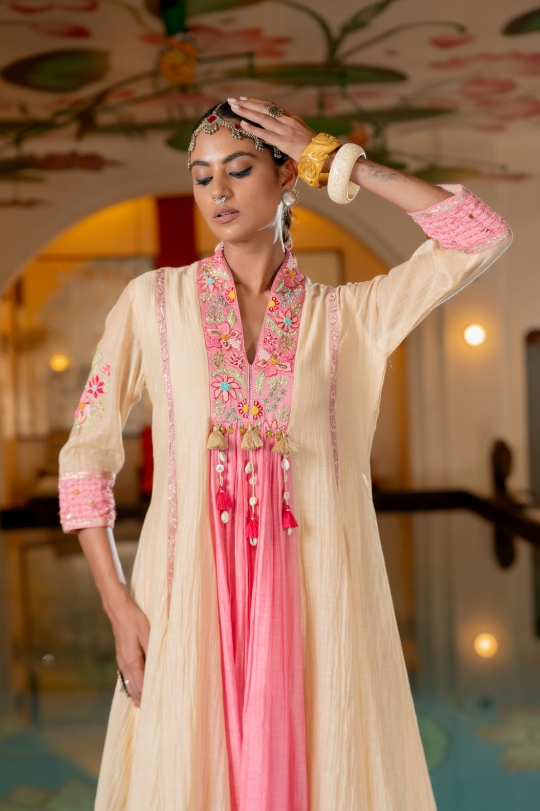 Beige Malai Chanderi  Kurta Set (SS-414)