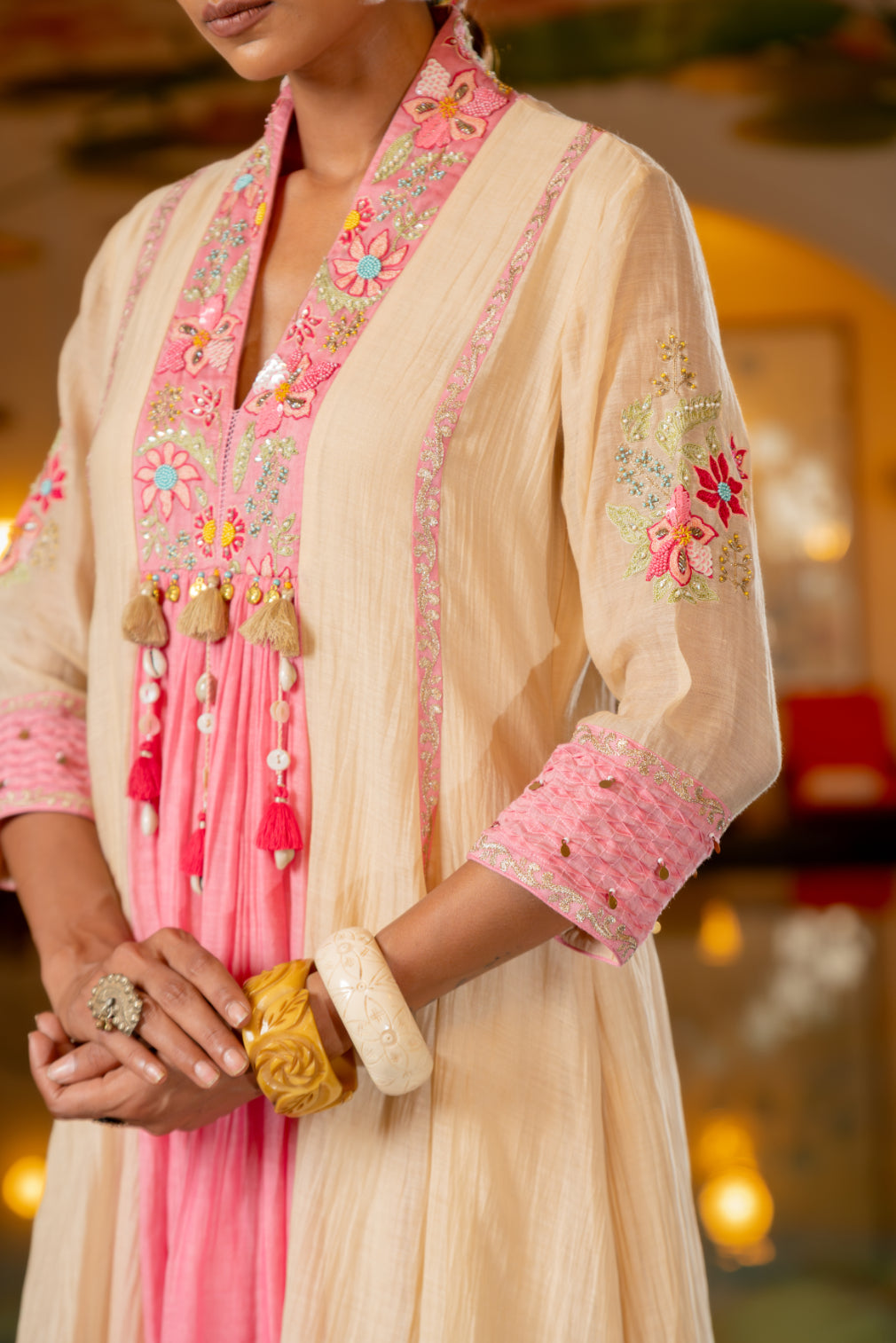 Beige Malai Chanderi  Kurta Set (SS-414)