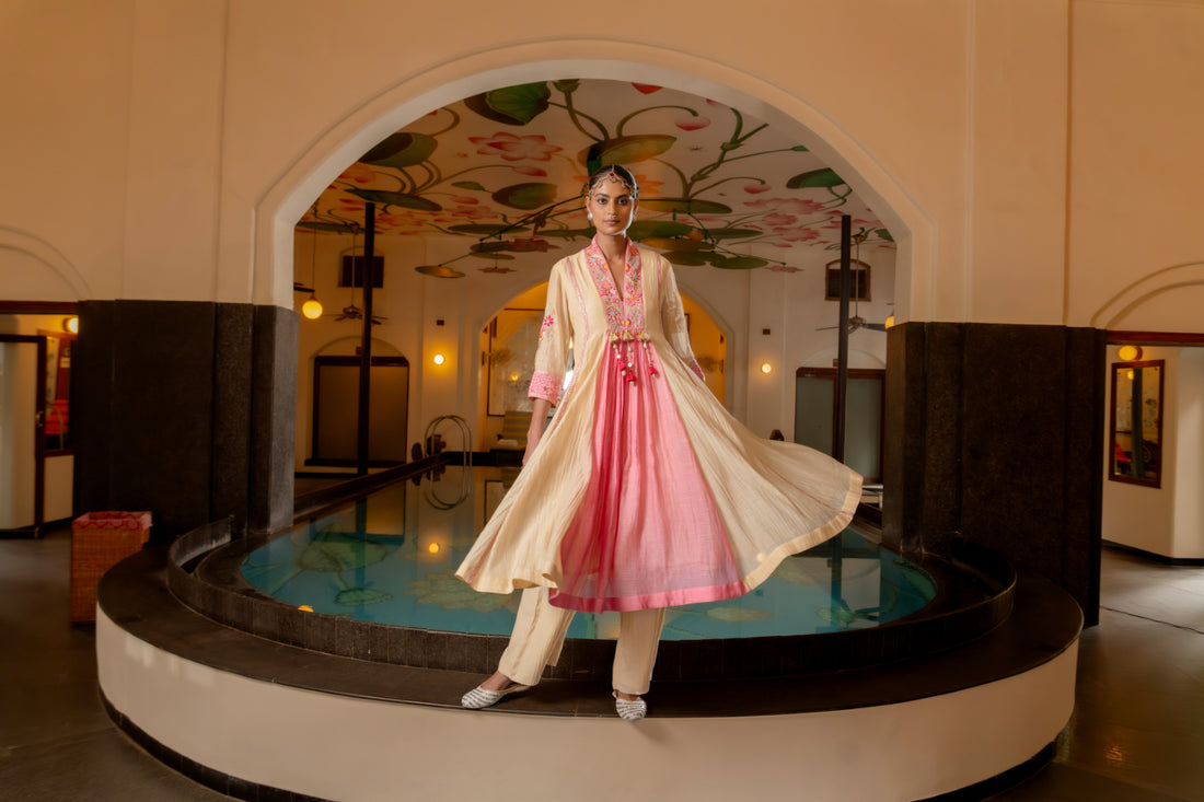 Beige Malai Chanderi  Kurta Set (SS-414)