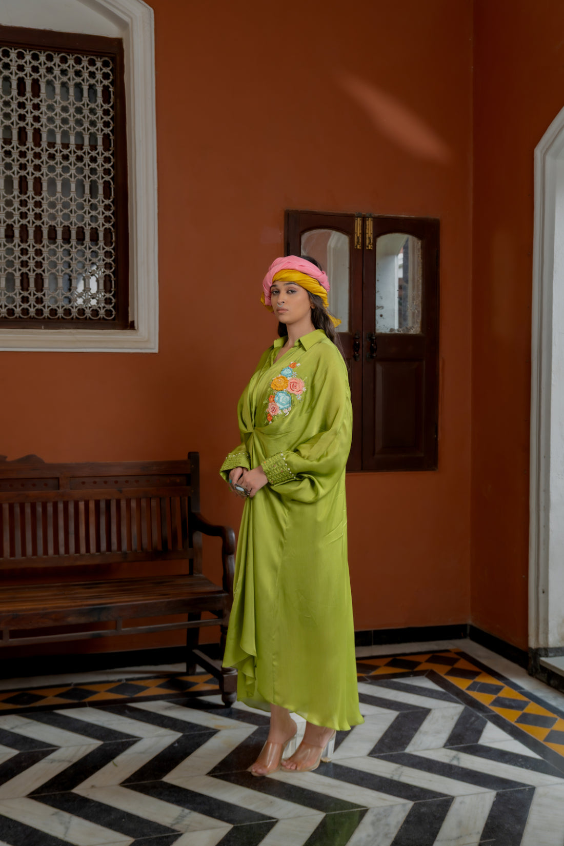 Green Organza Satin Kaftan (SS-413)