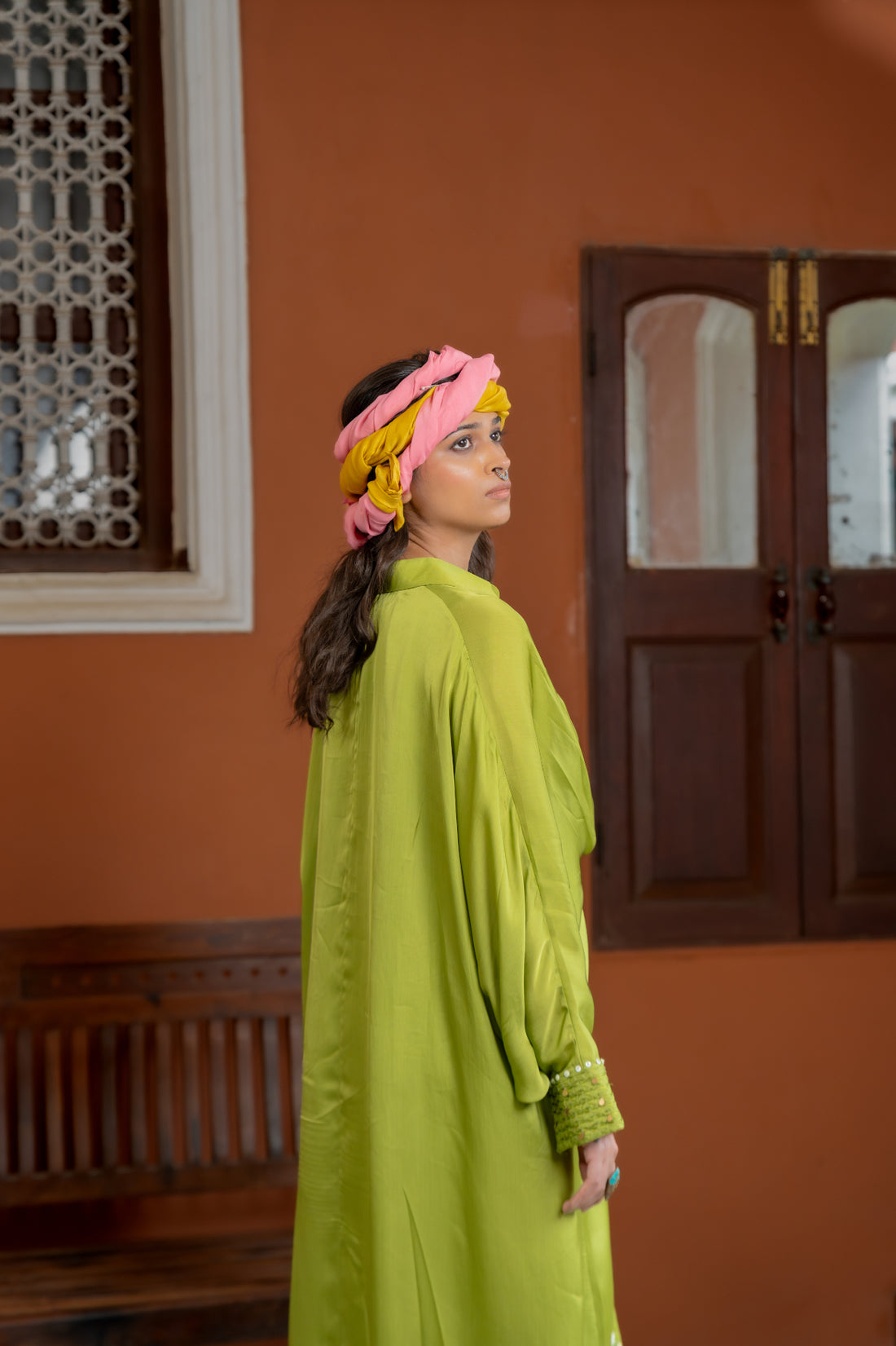 Green Organza Satin Kaftan (SS-413)