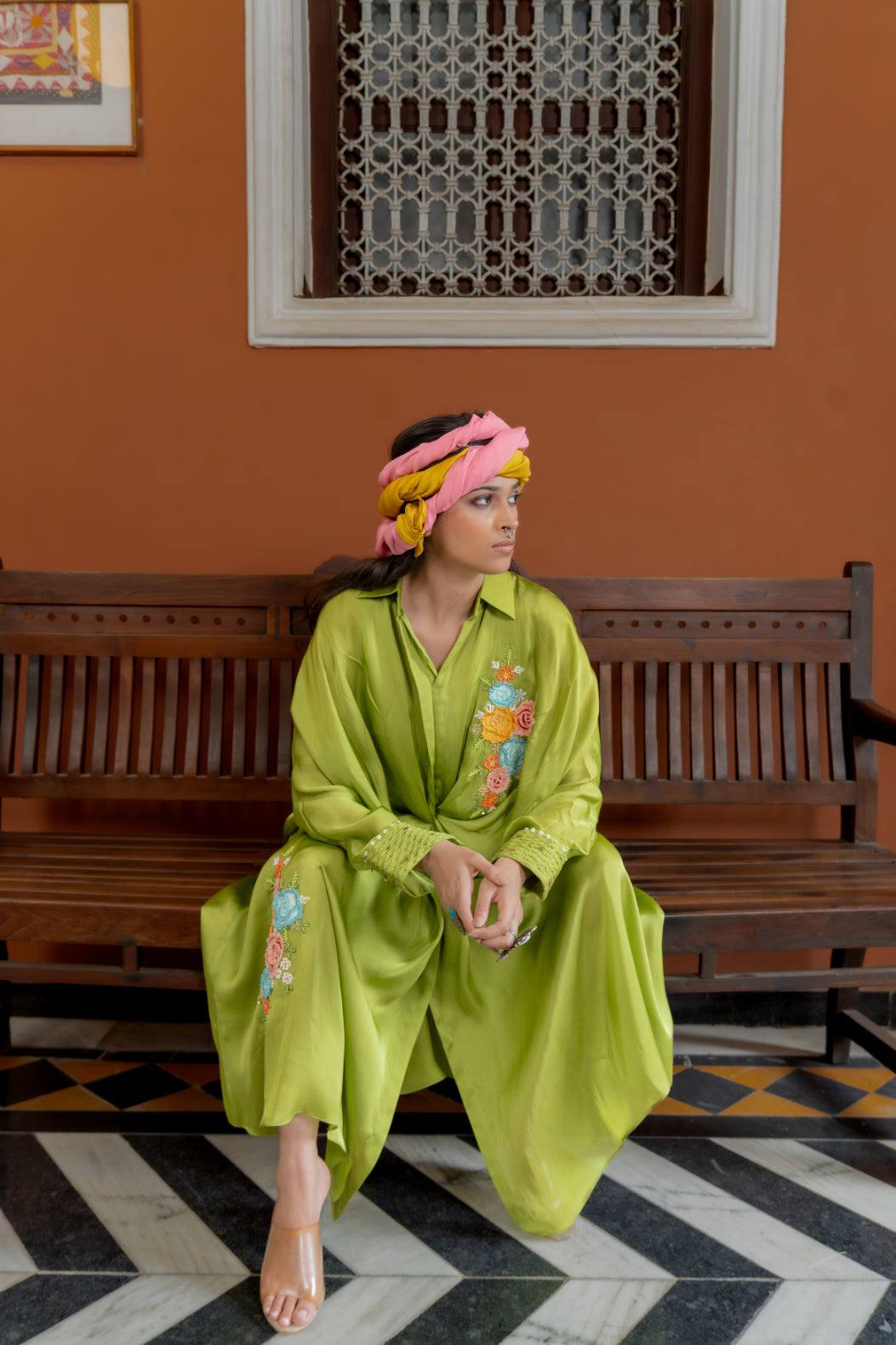 Green Organza Satin Kaftan (SS-413)