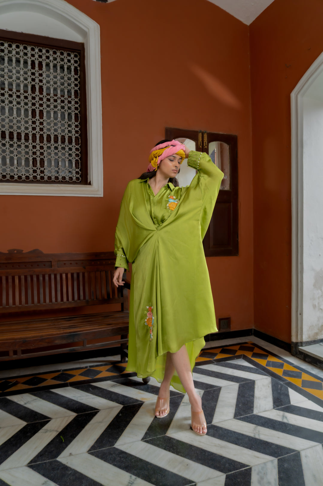 Green Organza Satin Kaftan (SS-413)