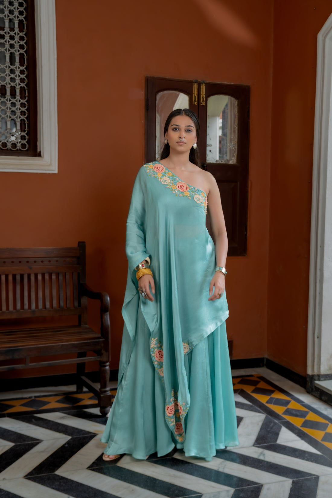 Blue Organza Satin One Shoulder Kaftan Set (SS-424)