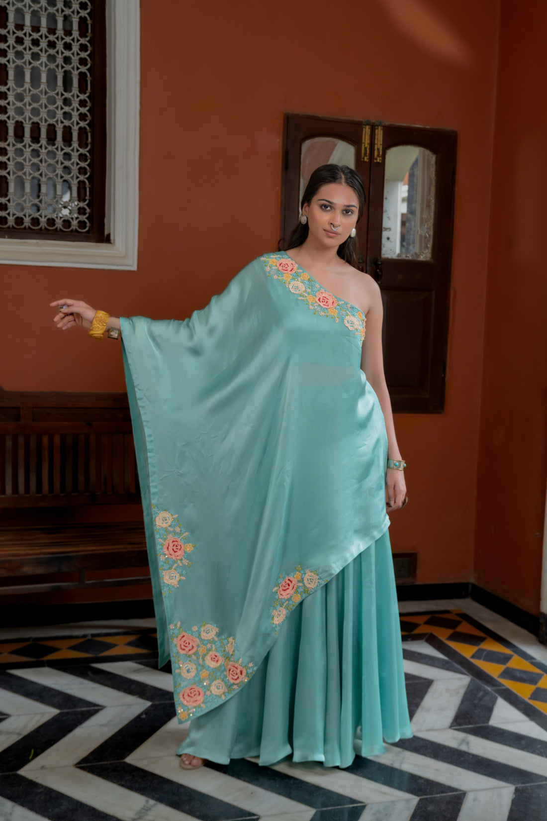 Blue Organza Satin One Shoulder Kaftan Set (SS-424)