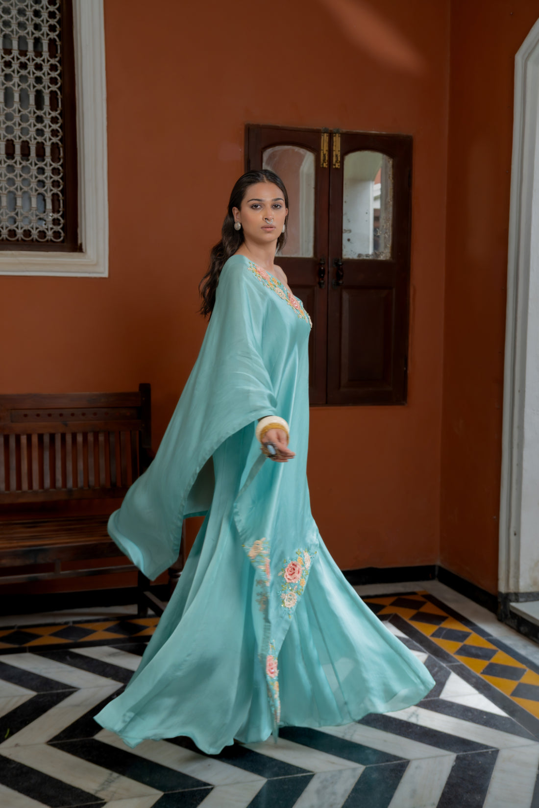 Blue Organza Satin One Shoulder Kaftan Set (SS-424)