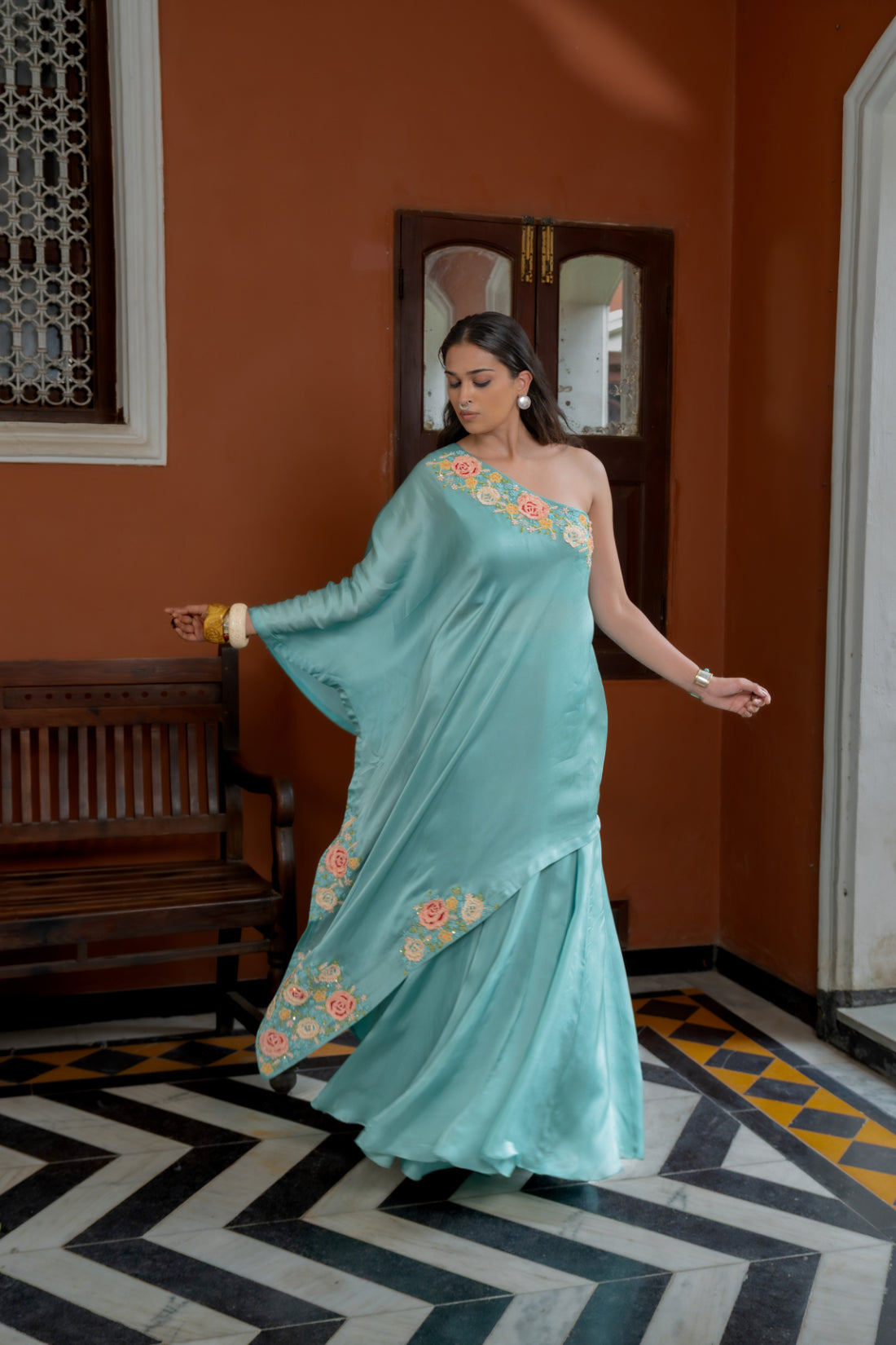 Blue Organza Satin One Shoulder Kaftan Set (SS-424)