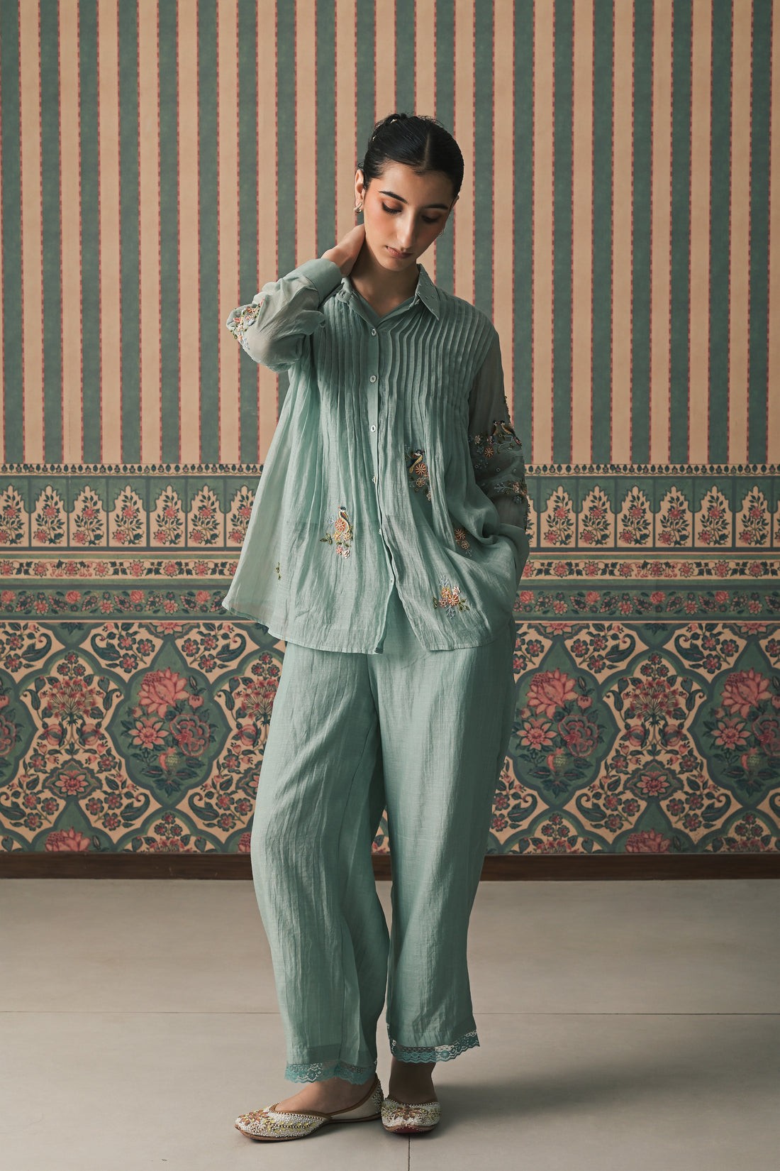 Powder Blue Malai Chanderi Co-Ord set (SS-521)