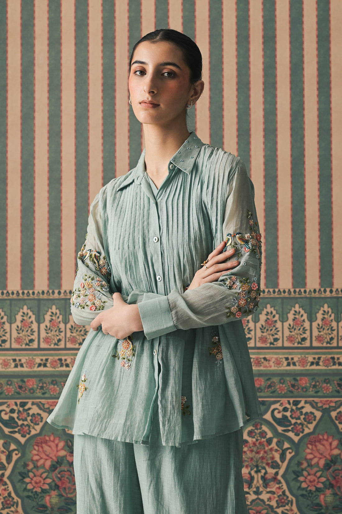 Powder Blue Malai Chanderi Co-Ord set (SS-521)