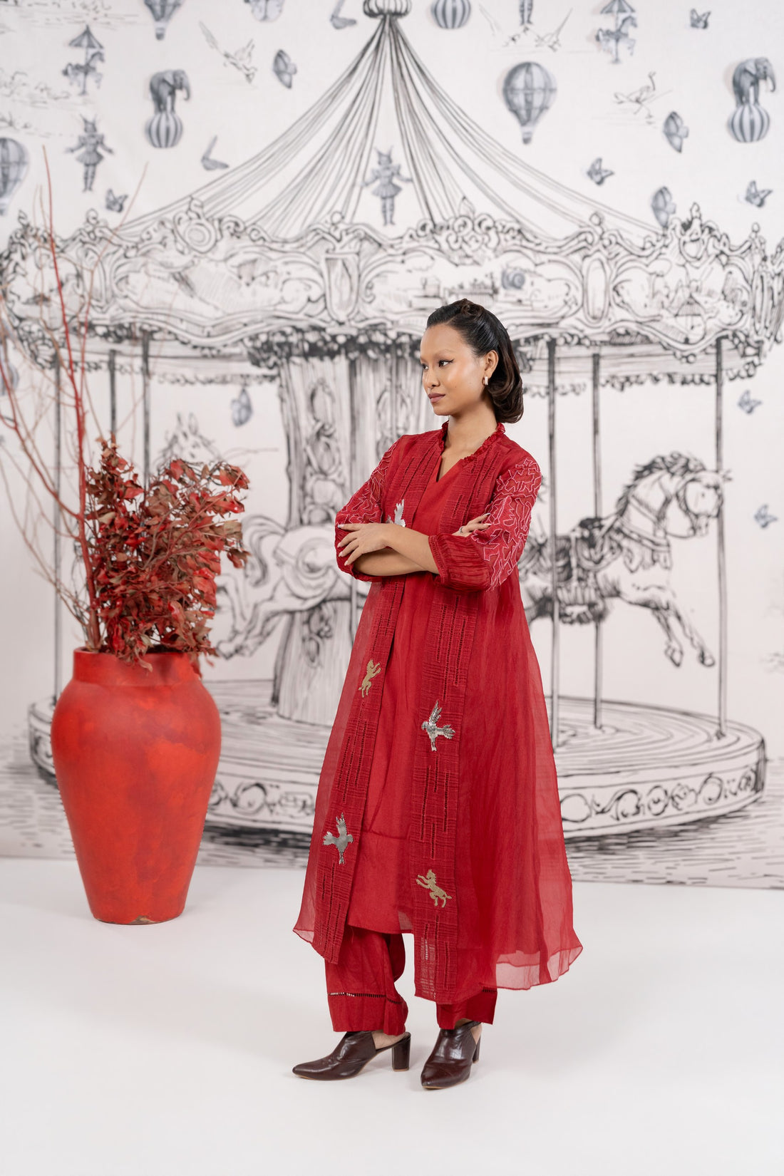 Red Jacket-Organza Inner + Bottom- Santoon Jacket set (SS-557)