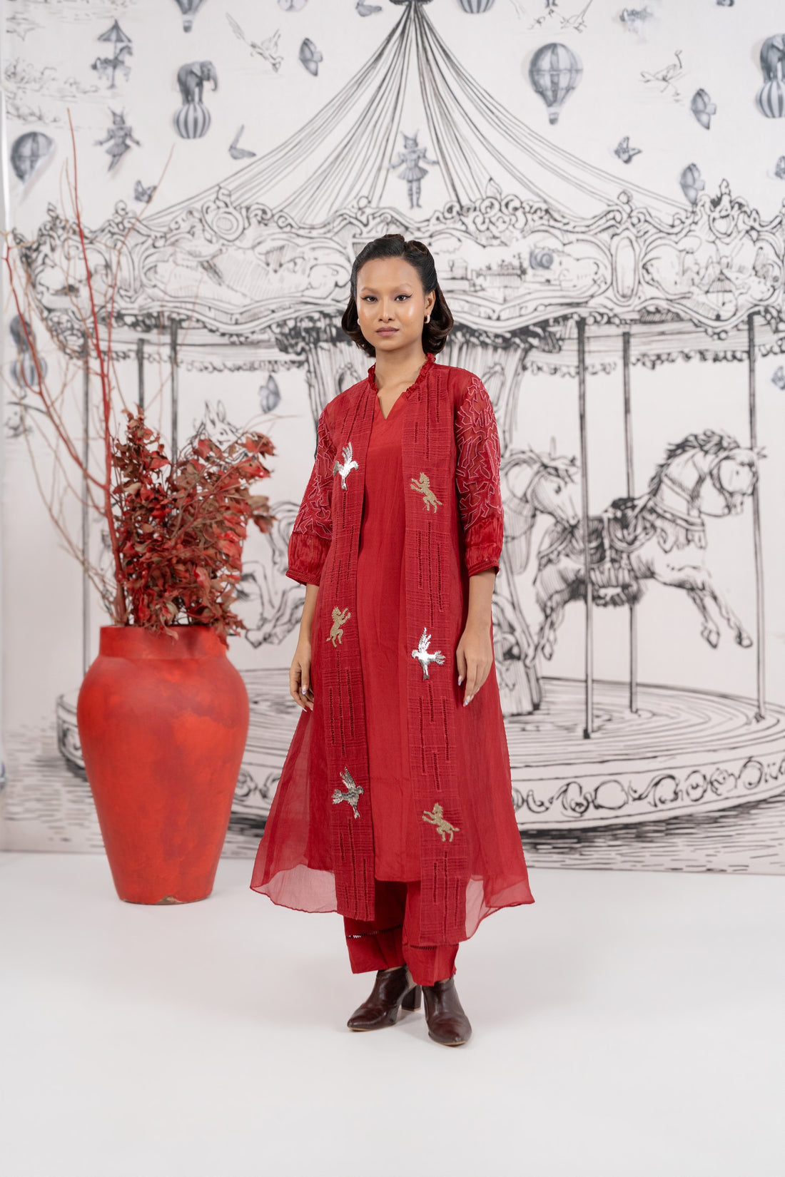 Red Jacket-Organza Inner + Bottom- Santoon Jacket set (SS-557)