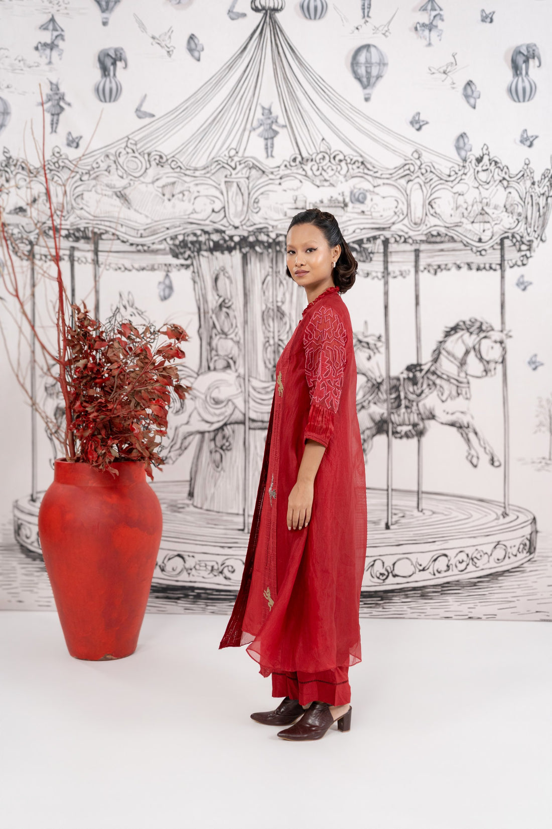 Red Jacket-Organza Inner + Bottom- Santoon Jacket set (SS-557)