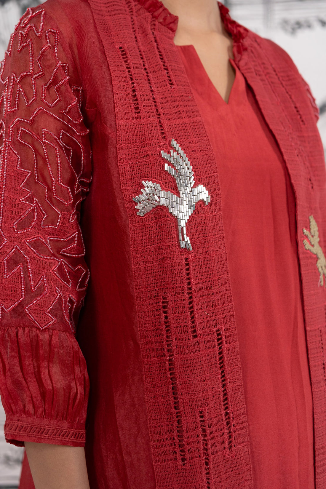 Red Jacket-Organza Inner + Bottom- Santoon Jacket set (SS-557)